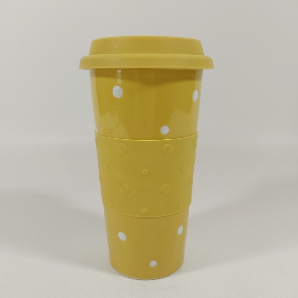 Temptations By Tara Yellow Polka Dot 12 oz Travel Tumbler‎ Mug Lid Sleeve
